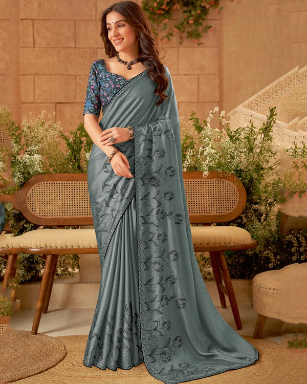Vishal Prints Nandor Grey Designer Fancy Chiffon Saree With Embroidery Diamond Work And Core Piping