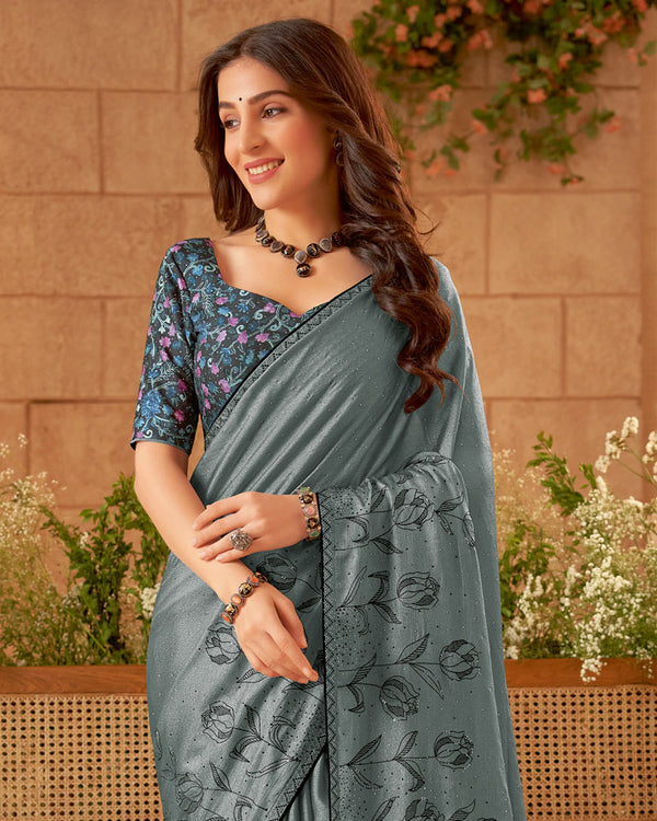 Vishal Prints Nandor Grey Designer Fancy Chiffon Saree With Embroidery Diamond Work And Core Piping