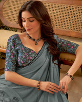 Vishal Prints Nandor Grey Designer Fancy Chiffon Saree With Embroidery Diamond Work And Core Piping