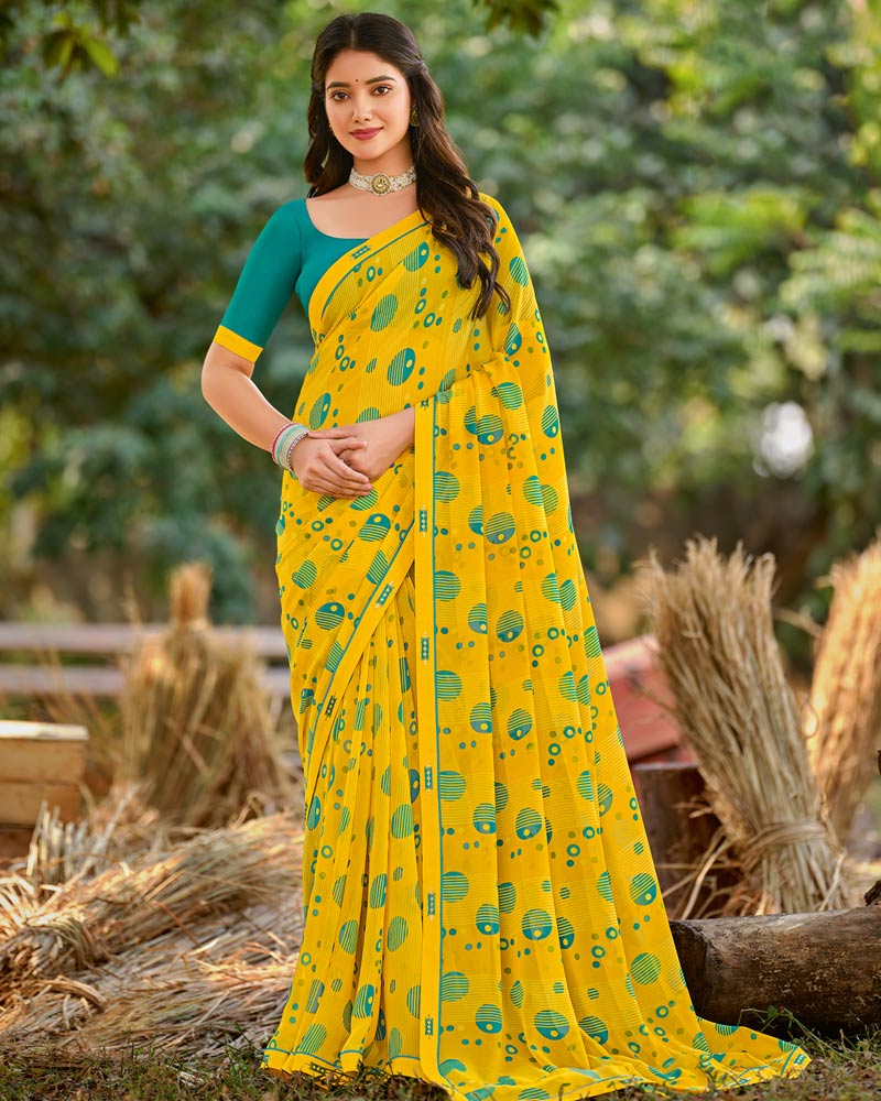 Vishal Prints Dark Yellow Printed Georgette Saree With Fancy Border