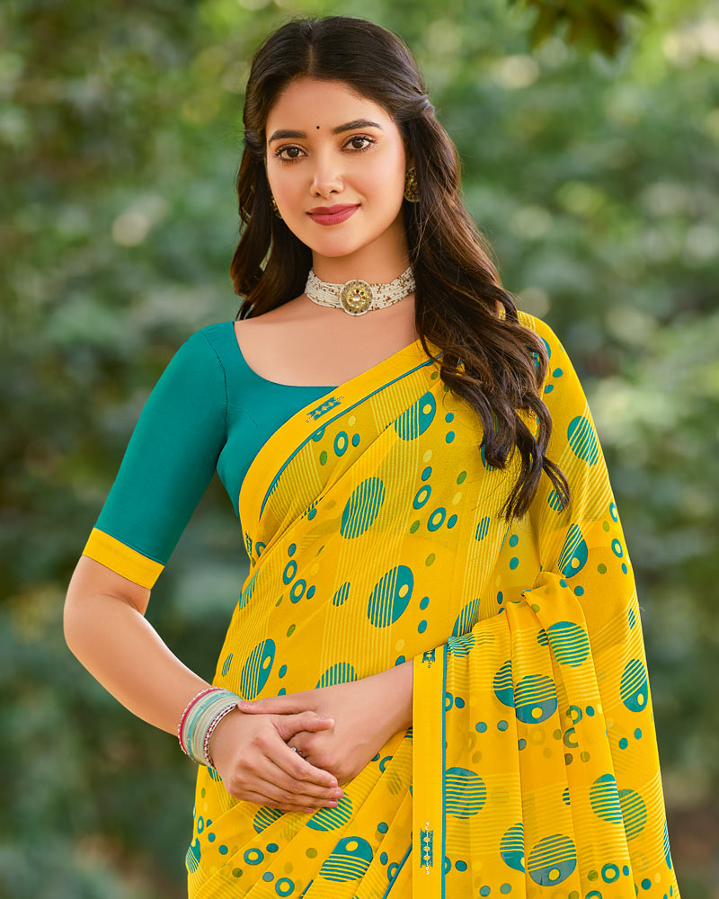 Vishal Prints Dark Yellow Printed Georgette Saree With Fancy Border