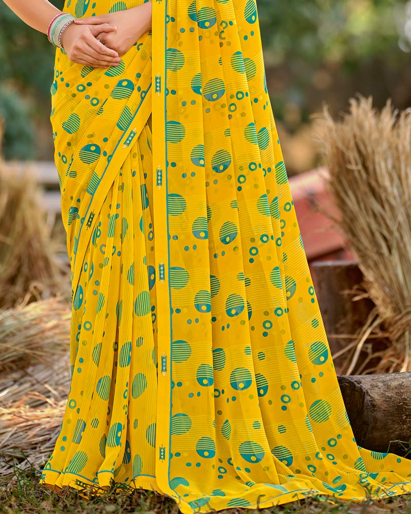 Vishal Prints Dark Yellow Printed Georgette Saree With Fancy Border