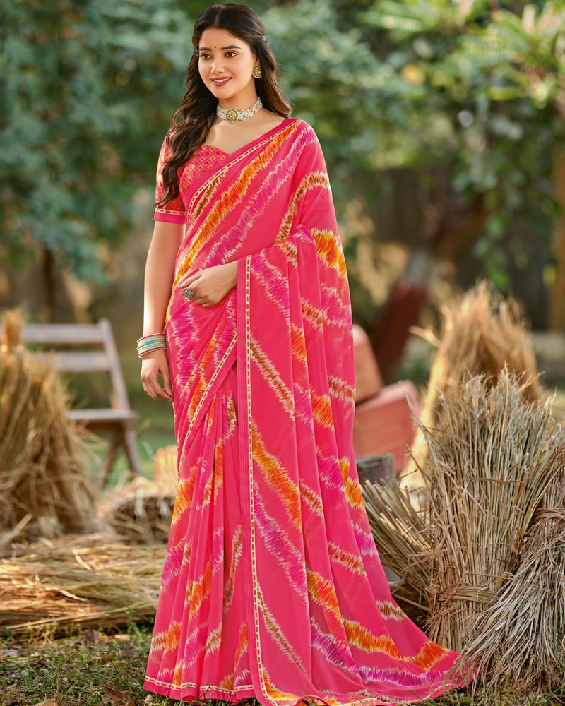 Vishal Prints Carmine Pink Printed Georgette Saree With Fancy Border
