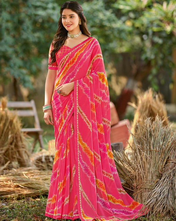 Vishal Prints Carmine Pink Printed Georgette Saree With Fancy Border