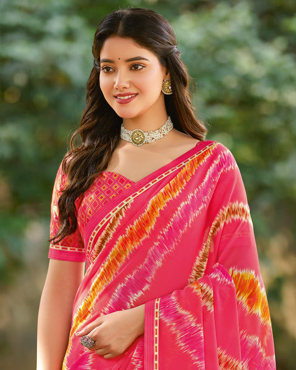 Vishal Prints Carmine Pink Printed Georgette Saree With Fancy Border