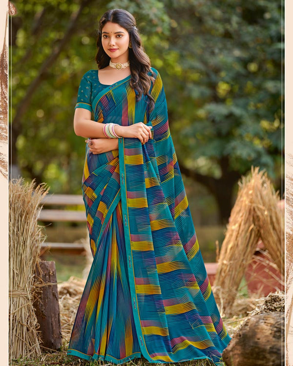 Vishal Prints Sherpa Blue Printed Georgette Saree With Fancy Border