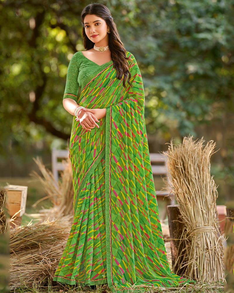 Vishal Prints Moss Green Printed Georgette Saree With Fancy Border