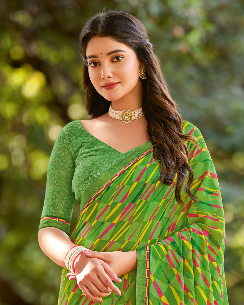 Vishal Prints Moss Green Printed Georgette Saree With Fancy Border