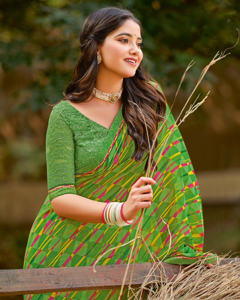 Vishal Prints Moss Green Printed Georgette Saree With Fancy Border