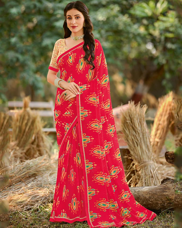 Vishal Prints Carmine Red Printed Georgette Saree With Fancy Border