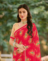 Vishal Prints Carmine Red Printed Georgette Saree With Fancy Border
