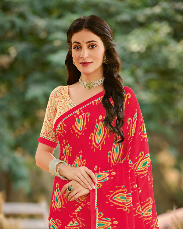 Vishal Prints Carmine Red Printed Georgette Saree With Fancy Border