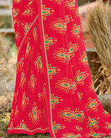Vishal Prints Carmine Red Printed Georgette Saree With Fancy Border