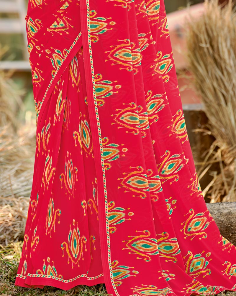 Vishal Prints Carmine Red Printed Georgette Saree With Fancy Border