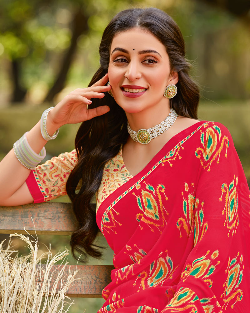 Vishal Prints Carmine Red Printed Georgette Saree With Fancy Border