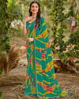 Vishal Prints Teal Green Printed Georgette Saree With Fancy Border
