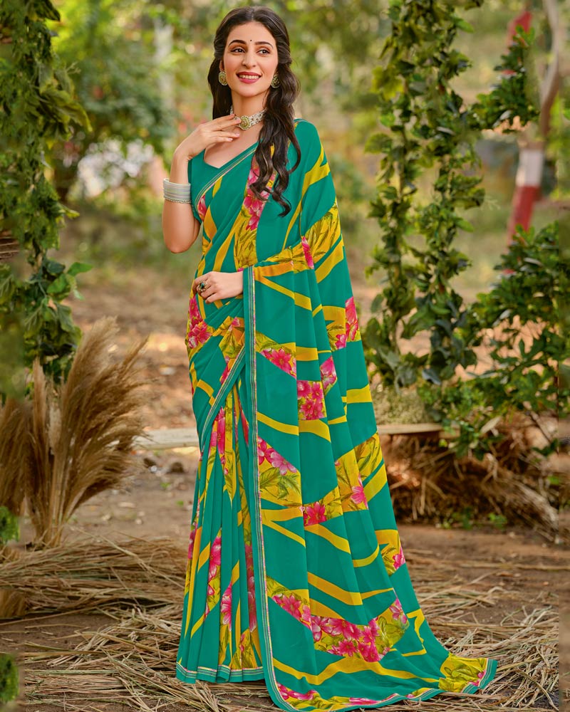 Vishal Prints Teal Green Printed Georgette Saree With Fancy Border