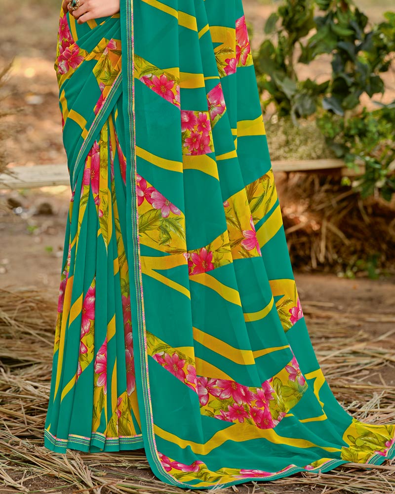 Vishal Prints Teal Green Printed Georgette Saree With Fancy Border