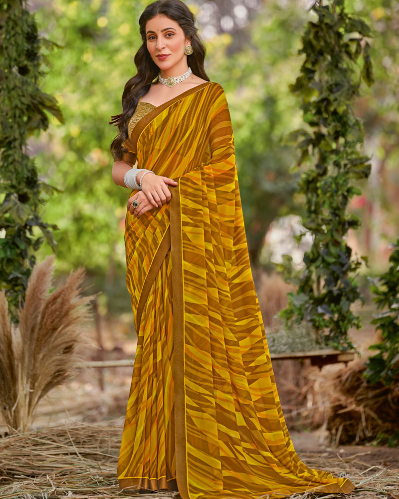 Vishal Prints Yellow Ochre Printed Georgette Saree With Fancy Border