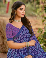 Vishal Prints Dark Violet Printed Georgette Saree With Fancy Border