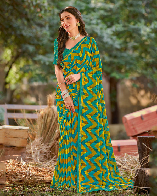Vishal Prints Teal Green Printed Georgette Saree With Fancy Border