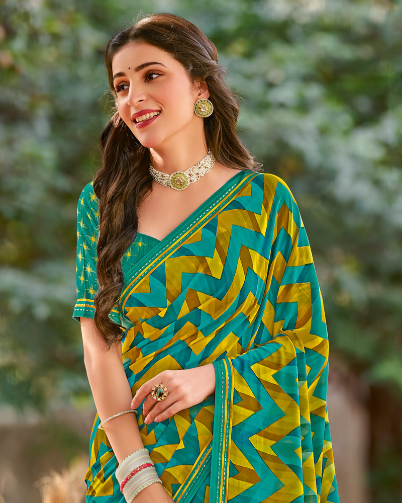Vishal Prints Teal Green Printed Georgette Saree With Fancy Border