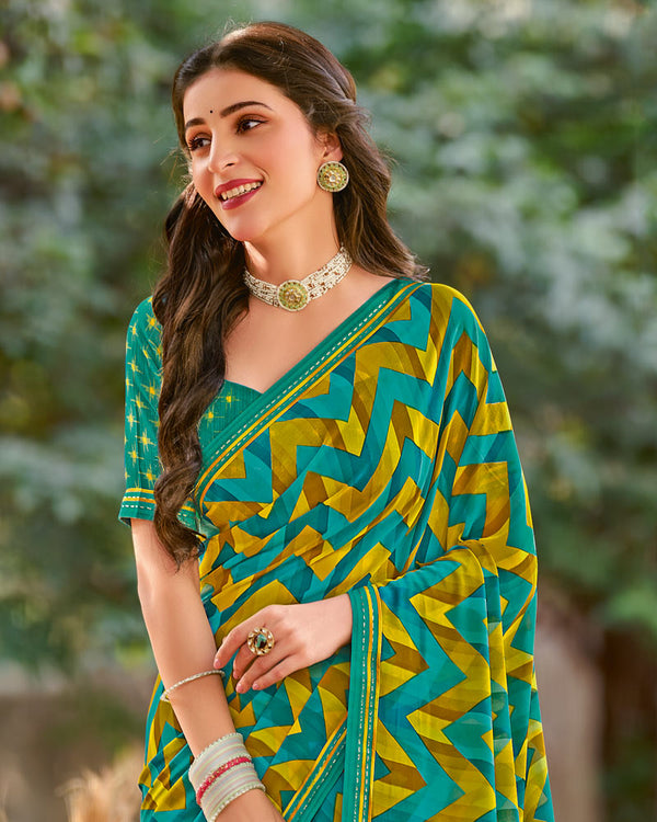 Vishal Prints Teal Green Printed Georgette Saree With Fancy Border