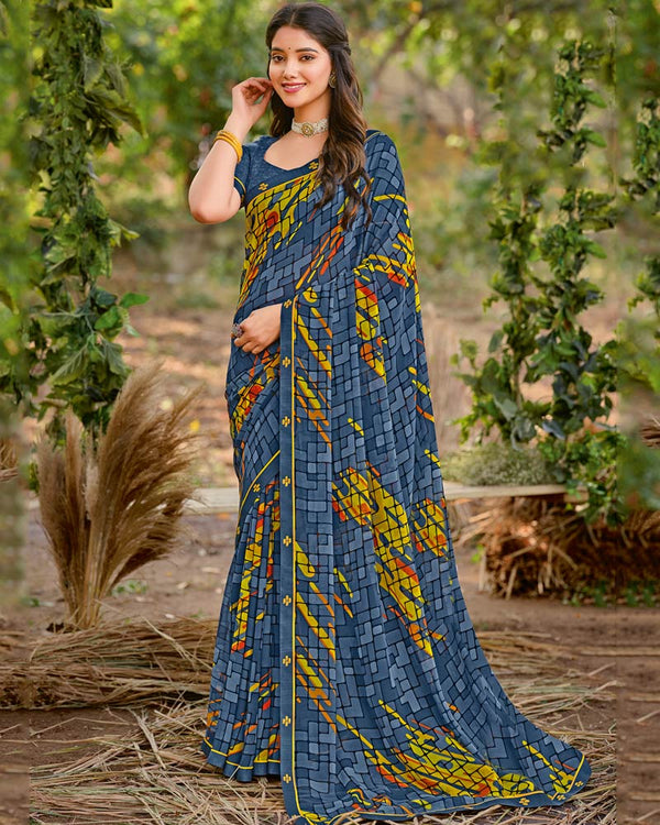 Vishal Prints Dark Blue Grey Printed Georgette Saree With Fancy Border