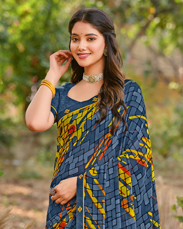 Vishal Prints Dark Blue Grey Printed Georgette Saree With Fancy Border