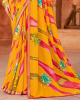 Vishal Prints Dark Yellow Printed Georgette Saree With Fancy Border
