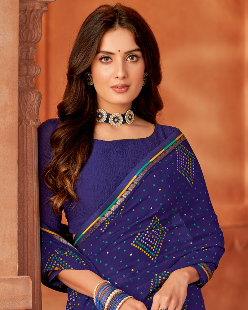 Vishal Prints Indigo Blue Printed Georgette Saree With Fancy Border