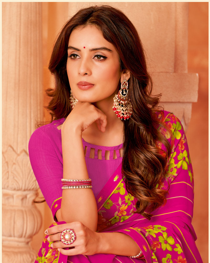 Vishal Prints Fuchsia Printed Georgette Saree With Fancy Border