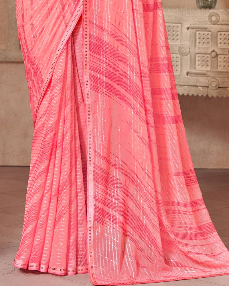 Vishal Prints Froly Pink Printed Fancy Chiffon Saree With Diamond Piping