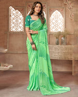 Vishal Prints Dark Mint Green Printed Fancy Chiffon Saree With Diamond Piping