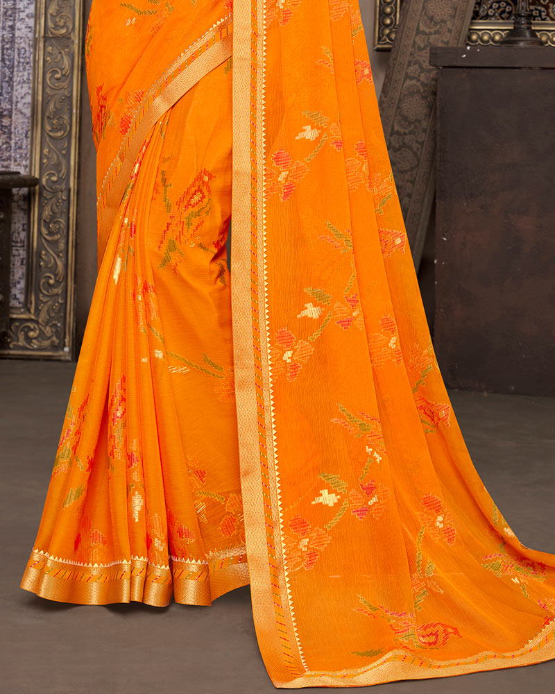 Vishal Prints Orange Brasso Saree With Foil Print And Fancy Border