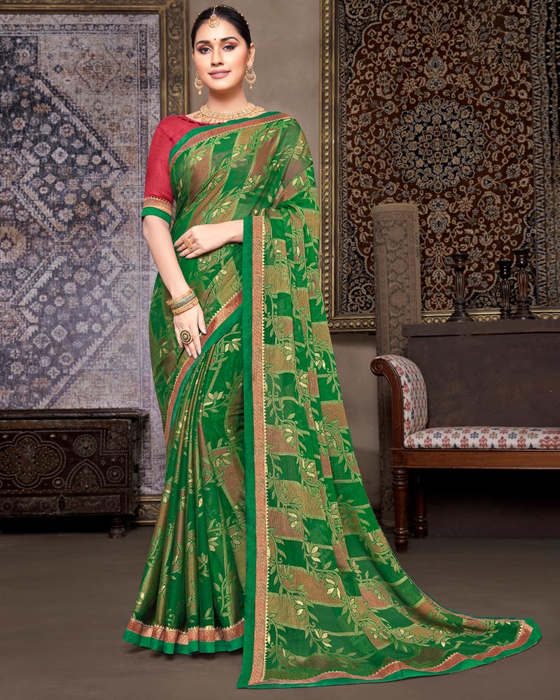 Vishal Prints Dark Green Brasso Saree With Foil Print And Fancy Border
