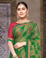 Vishal Prints Dark Green Brasso Saree With Foil Print And Fancy Border