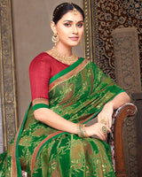 Vishal Prints Dark Green Brasso Saree With Foil Print And Fancy Border