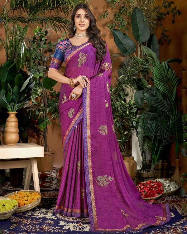 Vishal Prints Deep Magenta Designer Patterned Chiffon Saree With Foil Print And Fancy Border