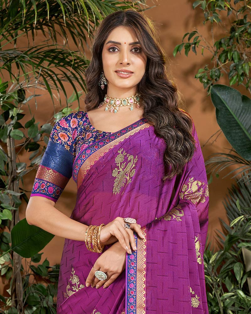 Vishal Prints Deep Magenta Designer Patterned Chiffon Saree With Foil Print And Fancy Border