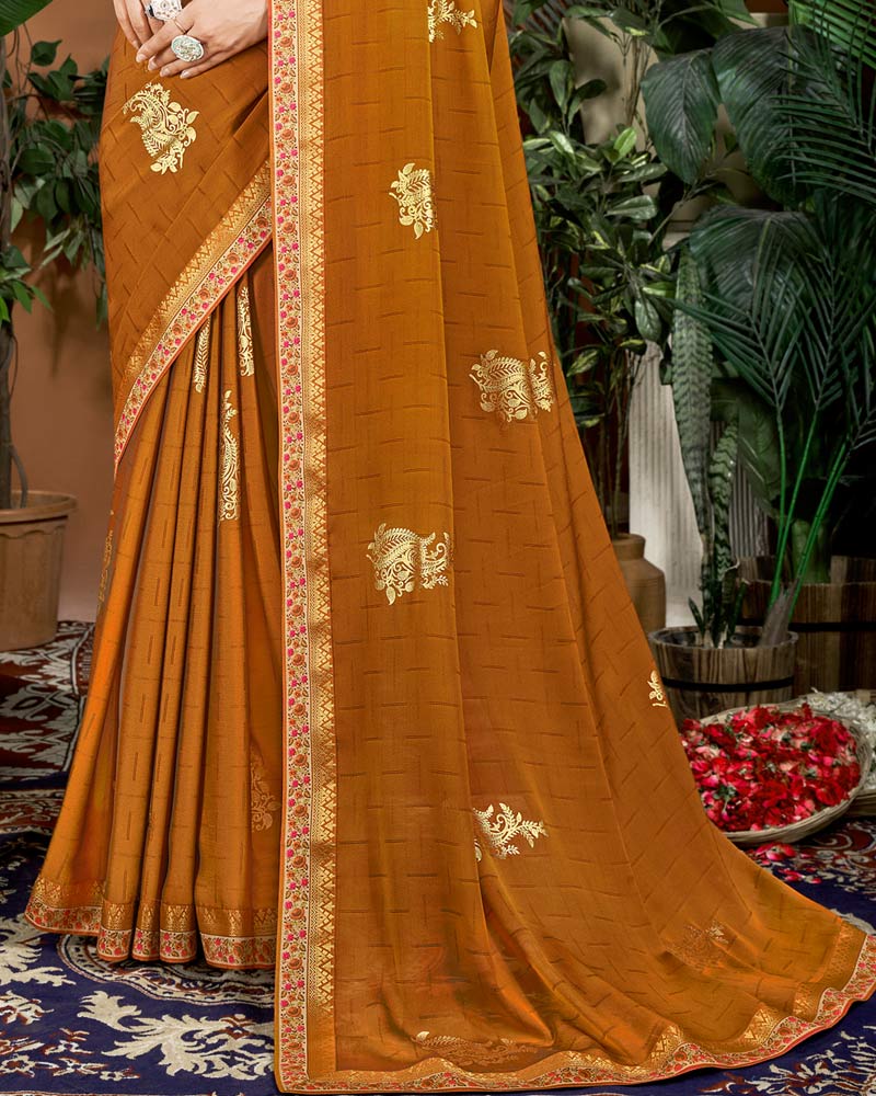 Vishal Prints Ochre Designer Patterned Chiffon Saree With Foil Print And Fancy Border
