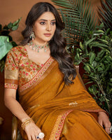 Vishal Prints Ochre Designer Patterned Chiffon Saree With Foil Print And Fancy Border