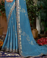 Vishal Prints Blue Bayoux Designer Patterned Chiffon Saree With Foil Print And Fancy Border