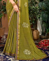 Vishal Prints Olive Green Designer Patterned Chiffon Saree With Foil Print And Fancy Border