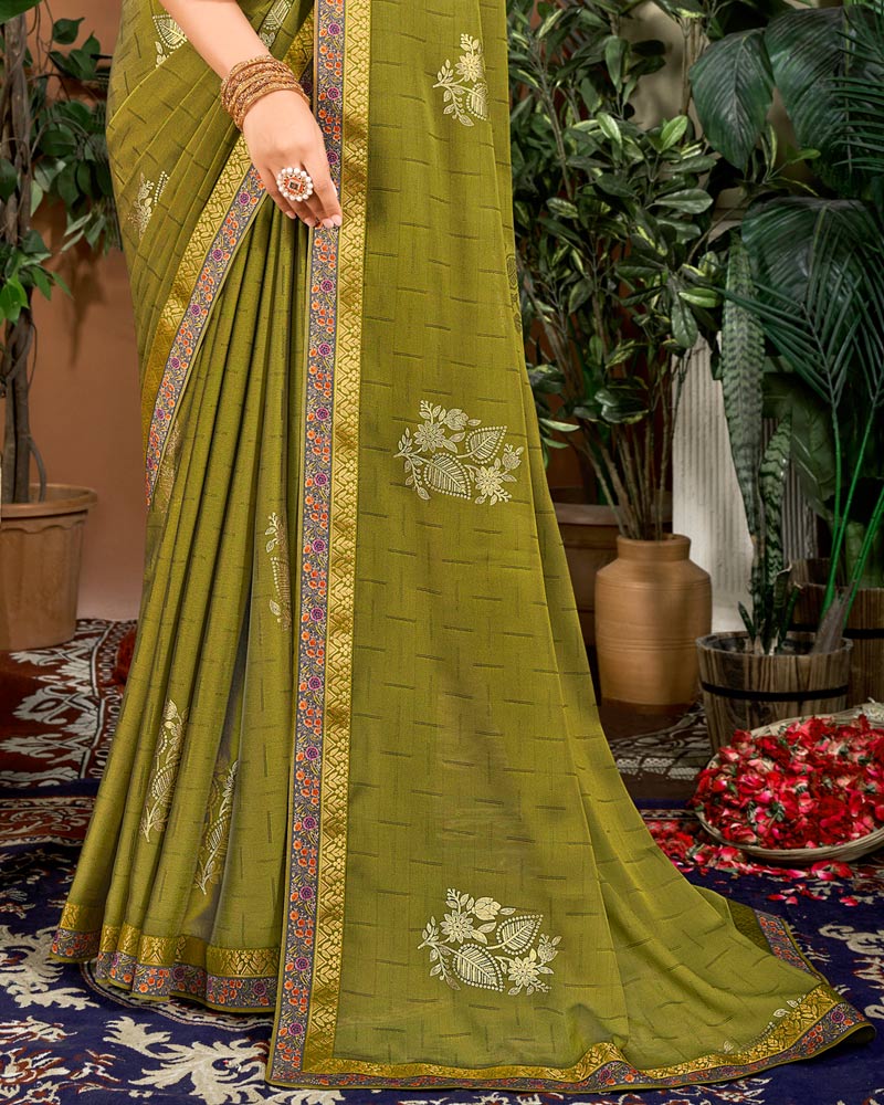 Vishal Prints Olive Green Designer Patterned Chiffon Saree With Foil Print And Fancy Border