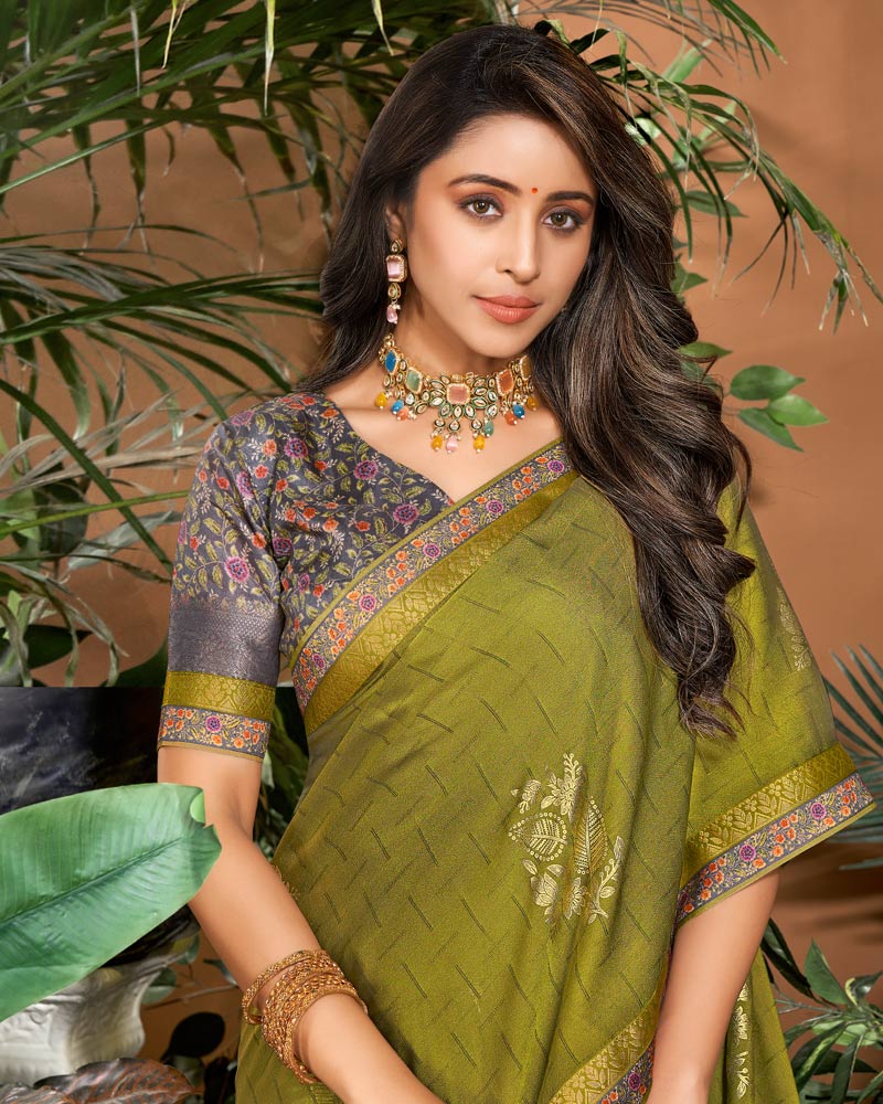 Vishal Prints Olive Green Designer Patterned Chiffon Saree With Foil Print And Fancy Border