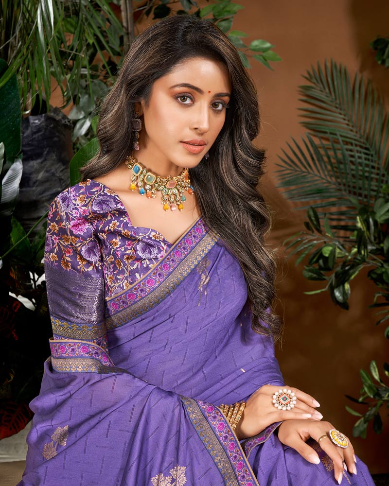 Vishal Prints Violet Designer Patterned Chiffon Saree With Foil Print And Fancy Border