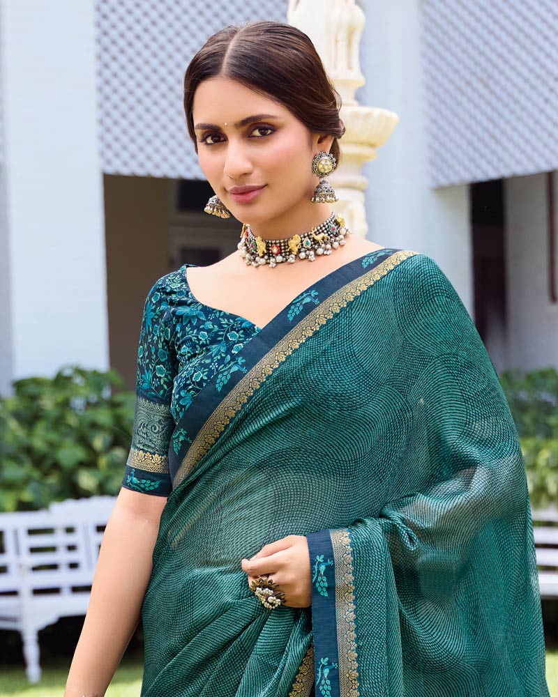 Vishal Prints Deep Sea Green Printed Fancy Chiffon Saree With Fancy Border