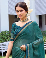 Vishal Prints Deep Sea Green Printed Fancy Chiffon Saree With Fancy Border