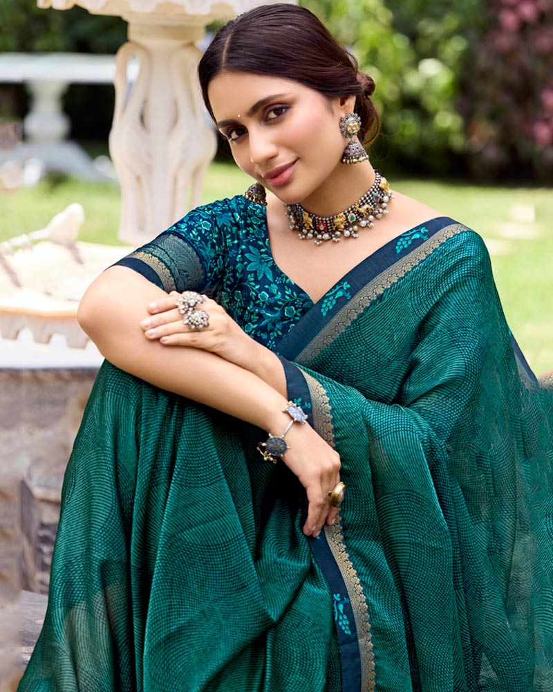 Vishal Prints Deep Sea Green Printed Fancy Chiffon Saree With Fancy Border